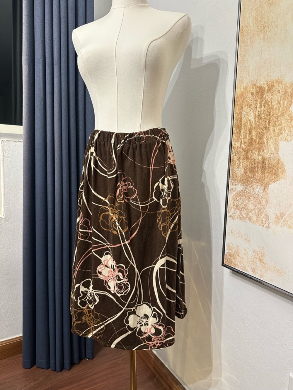 Vintage inspired Hawaiian Floral Print Brown Elastic-Waist Skirt Handmade